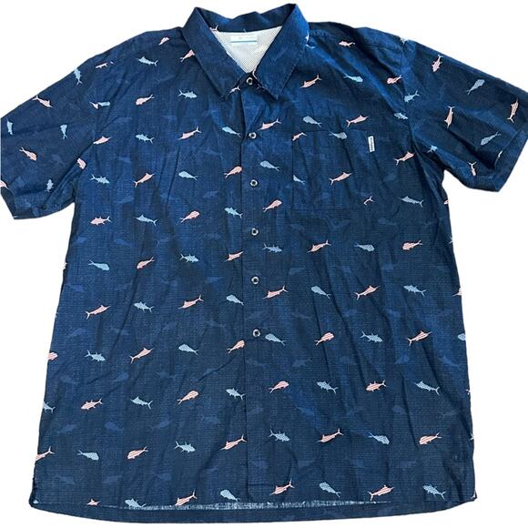 Columbia PFG Mens XXL Vented Back Cotton Fishing Shirt Navy Patriotic Fish - Picture 1 of 8